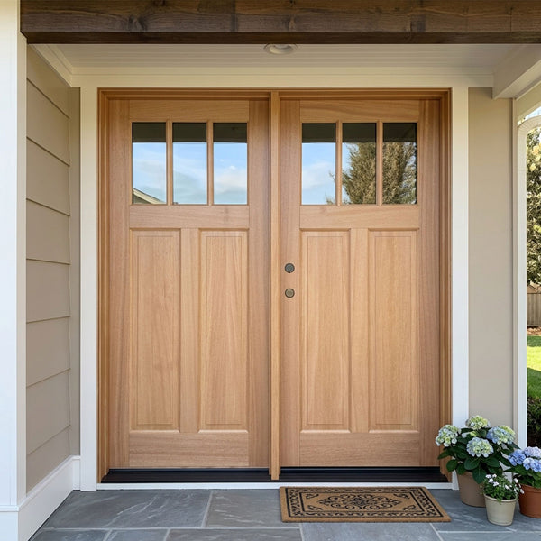 Craftsman Style 3-Lite Solid Wood Double Door