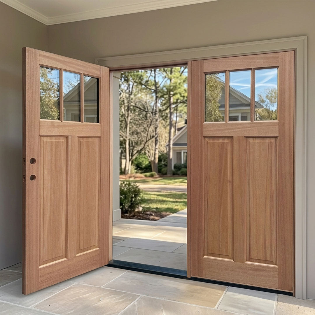 Craftsman Style 3-Lite Solid Wood Double Door