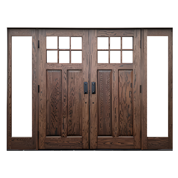 Craftsman Style 6-Lite Glass African Mahogany Solid Wood Double Front Door with Sidelights